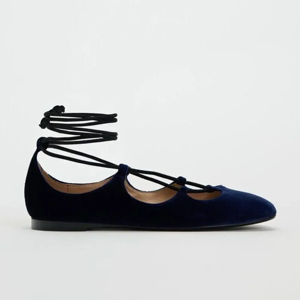 ZARA Velvet Ballet Flats NWT | Ankle Wrap Tie Closure Navy Blue 7.5–9 - Picture 16 of 16